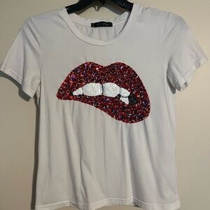 White T-Shirt with Red Sequin Lips Design